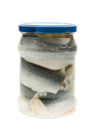 A jar of Pickled herring, isolated on a white backgroundの写真素材