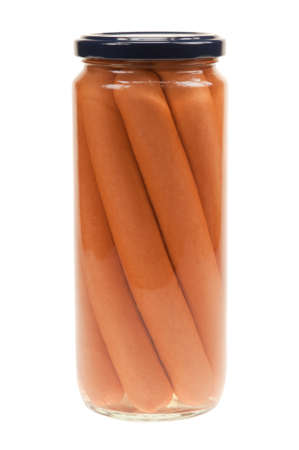 Jar with hot dogs isolated on white background の写真素材