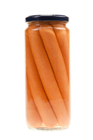Jar with hot dogs isolated on white background の写真素材