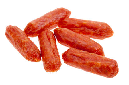 small spicy salami snacks isolated on a white backgroundの写真素材
