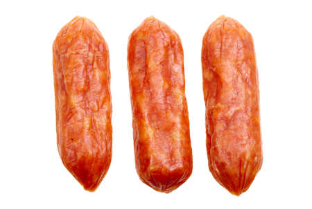 small spicy salami snacks isolated on a white backgroundの写真素材