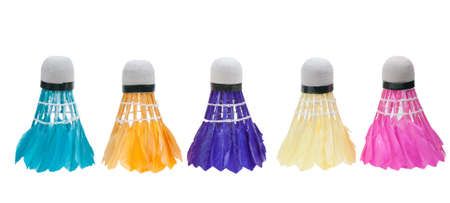 shuttlecocks in five different colors isolated on a white backgroundの写真素材