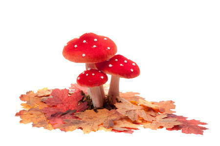 red dotted decoration mushrooms with leaves  isolated on a white backgroundの写真素材