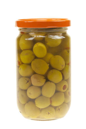 A jar of stuffed green olives isolated on a white backgroundの写真素材