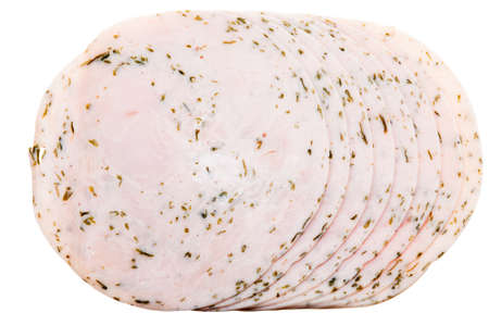 slices of chicken fillet  with herbs isolated on a white backgroundの写真素材