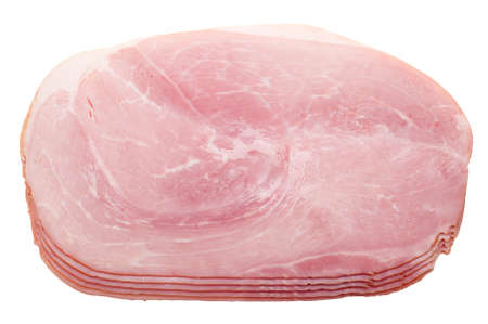 slices of ham isolated on a white backgroundの写真素材