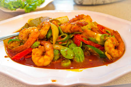 The fired curry shrimp with vegetables , thai foodの写真素材