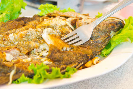 fired fish with  fresh herds delicious Thai foodの写真素材