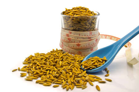 Paddy Rice And Ceramic Spoon Isolated On White concept の写真素材