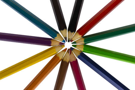 Row of colorful  Color pencils making circle shape over white backgroundの写真素材