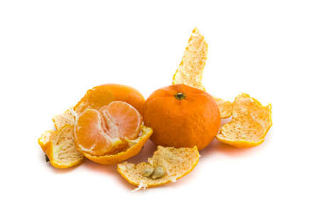 Peeled tangerine on white backgroundの写真素材