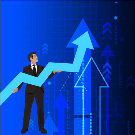 Young businessman holding arrow going up. Successful businessman with growth graphのイラスト素材