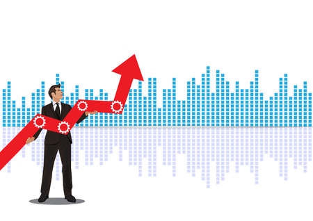 Young businessman holding arrow going up. Successful businessman with growth graph.のイラスト素材