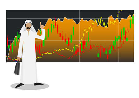 Successful Arab businessman with stock market. Illustrationのイラスト素材