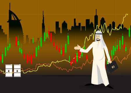 Illustration Arabic Businessman present stock market with Graph of Oil Prices Up, Black Barrels, Dollars and Growth Chart .のイラスト素材