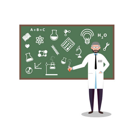 Laboratory research chemical flat style design illustration science for technology concept. Collage of laboratory staff with flask interior infographics.のイラスト素材