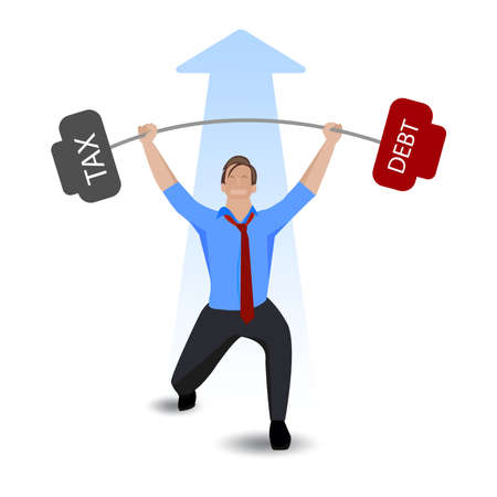 Businessman lifting heavy weight debt with taxのイラスト素材