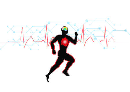 illustration of black man running on Moving heart and technological backgroundのイラスト素材