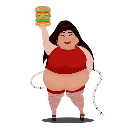 cartoon fat woman holding a big burgerのイラスト素材