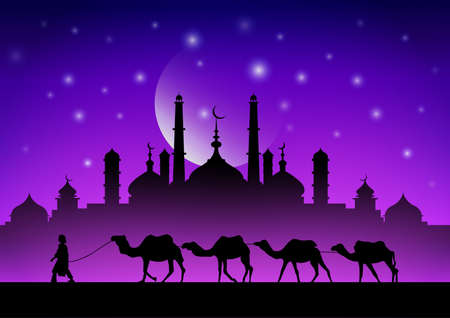 caravan of camels in the desert near the mosque under the moonのイラスト素材