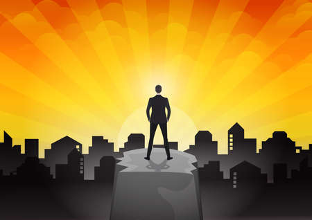 businessman standing on the background of city, poster illustrationのイラスト素材