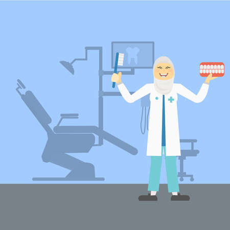 muslim Dentist holding a teeth model and toothbrushのイラスト素材