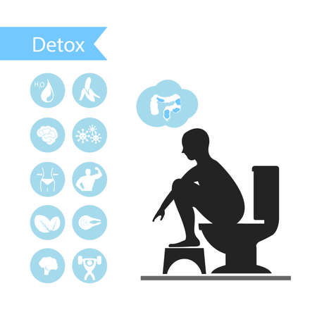 Silhouettes man sitting on a toilet with detox icons.のイラスト素材