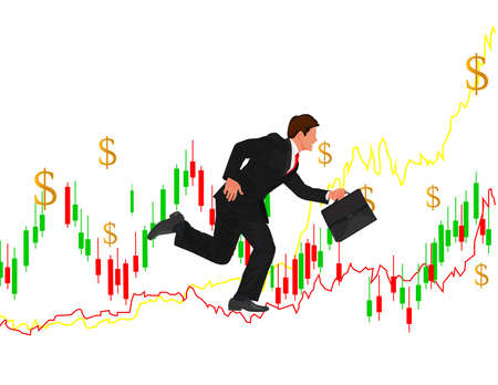 Businessman Arrow Up. Businessman with briefcase running up the growth curve parameters.のイラスト素材