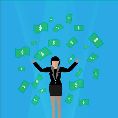 Businesswoman happy with money flowing in the air. Cartoon Illustration.のイラスト素材