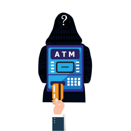 Thief. Hacker stealing sensitive password from ATM machine. Phishing, ATM skimming. Cartoon Illustration.のイラスト素材