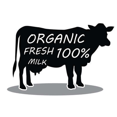 Hand Drawn Farm Animal Cow. Organic Fresh Milk Lettering. Illustrationのイラスト素材