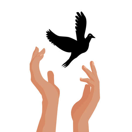 Hands release dove of peace. Colorful picture on white background. Flat illustrationのイラスト素材