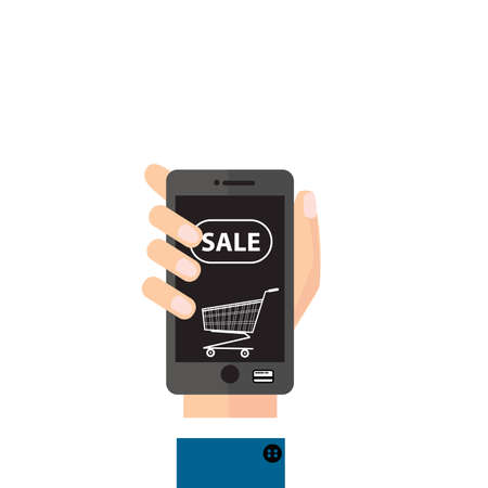 Phone in hand. Phone with shopping basket icon isolated on background. Online shopping conceptのイラスト素材
