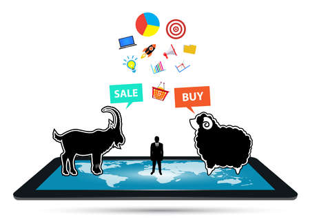 businessman grab a goat to match a sheep on tablet online and set icon business concept vector.のイラスト素材