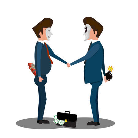 Two businessman hand shaking while holding dynamite behind his back. - Illustrationのイラスト素材