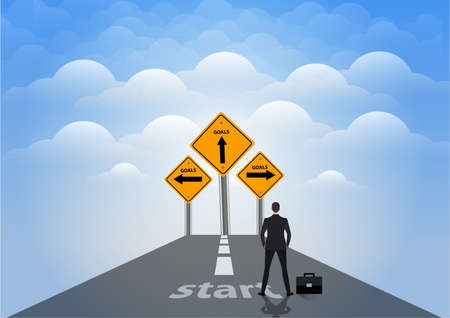 Businessman is standing with sign of easy vs hard way on the highway