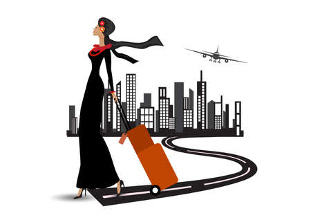 muslim woman traveling through the airport with a suitcase city dubai backgroundのイラスト素材