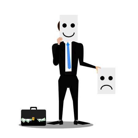 Businessman holding a paper with a positive smiley on white backgroundのイラスト素材
