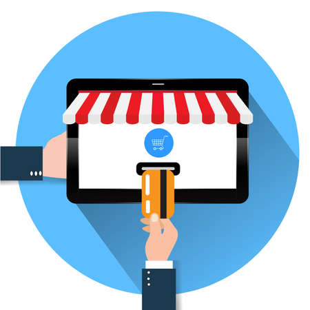 Flat design style illustration of modern smartphone with the processing of tablet payments from credit card on the screen Near field communication technology concept Isolated on white backgroundのイラスト素材