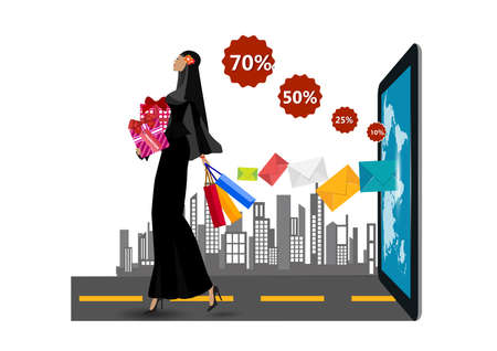 Muslim Woman Hold Shopping Bags Flat Illustrationのイラスト素材