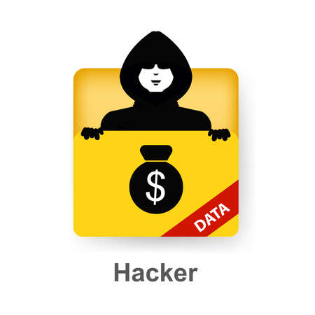 Hacker man in black hood and having access to data infoのイラスト素材