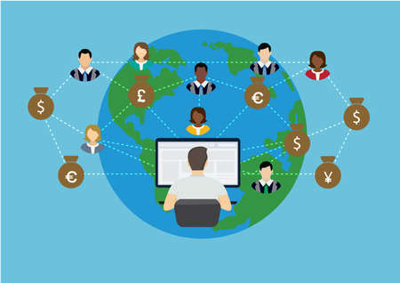 businessman looking laptop and make money around the worldのイラスト素材