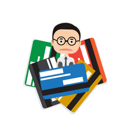 Businessman stuck in many credit card . Financial crisis and debt concept.のイラスト素材