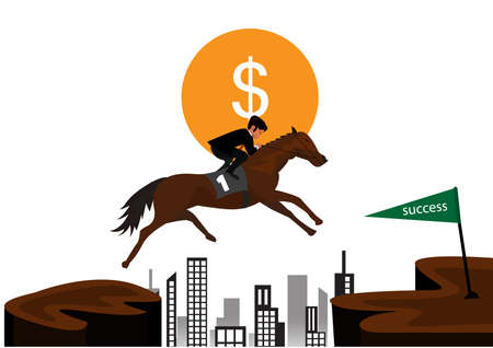 Businessman riding a horse over obstacles across the hill.illustratorのイラスト素材