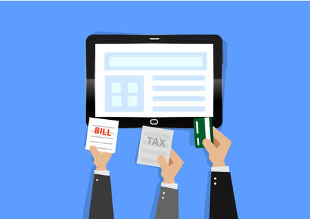 Businessman hand holding credit card, bill, invoice payment to tablet.のイラスト素材