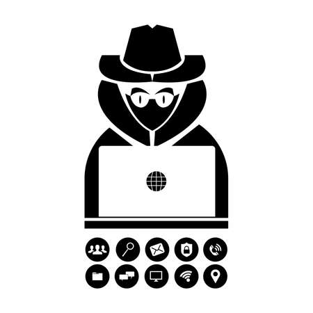 Hacker in silhouette illustration with extra icons.のイラスト素材