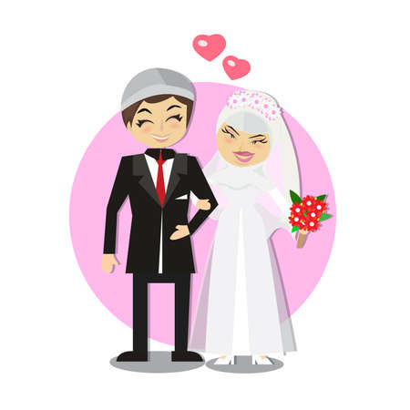 Muslim Wedding couple isolated on heart backgroundのイラスト素材