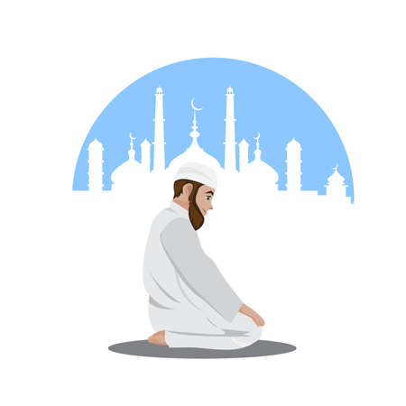 Young muslim man praying isolated over mosque backgroundのイラスト素材