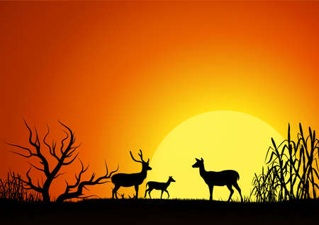 Silhouette of three deer in the garden,on natural backgroundのイラスト素材