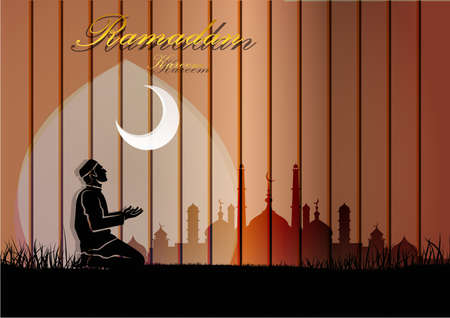 Muslim man sitting on a praying on wood mosque background.のイラスト素材